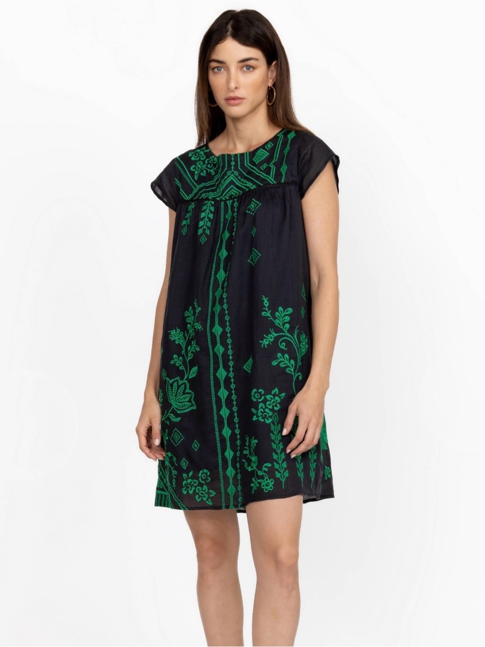 Johnny Was black and green embroidered mini dress